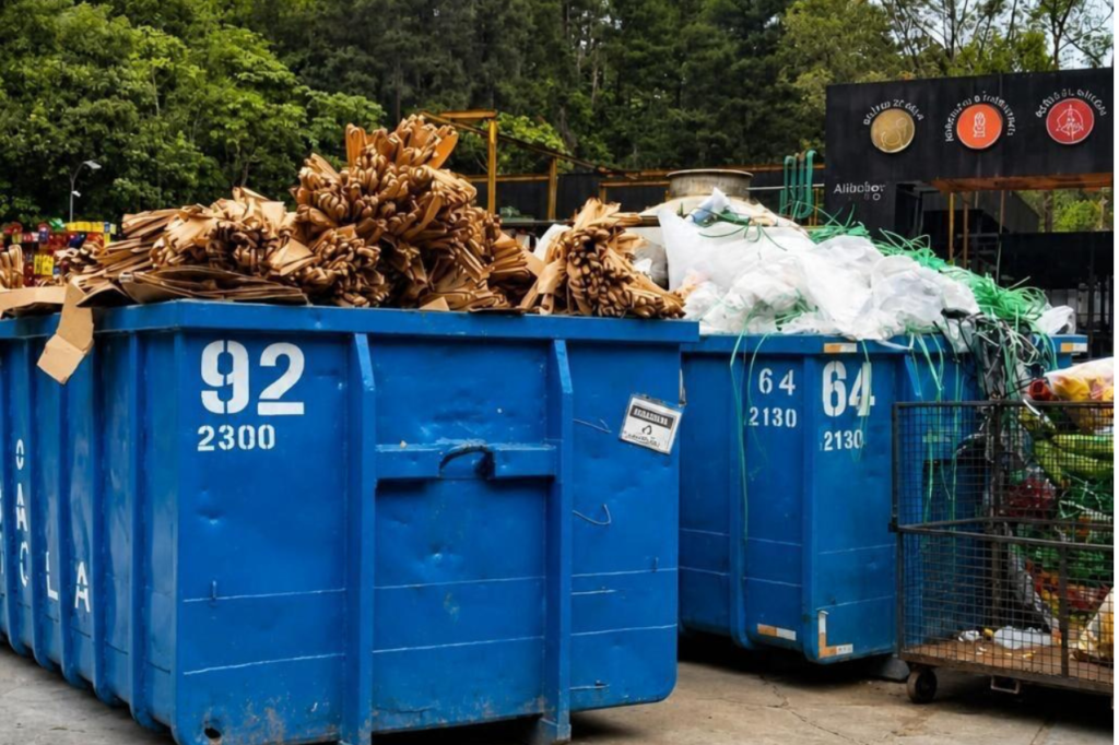 Caçambas com papelão para coleta e reciclagem